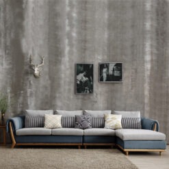 HH-L22 – Ghế sofa góc đệm vải viền da gỗ sồi hiện đại, sang trọng cho phòng khách Việt