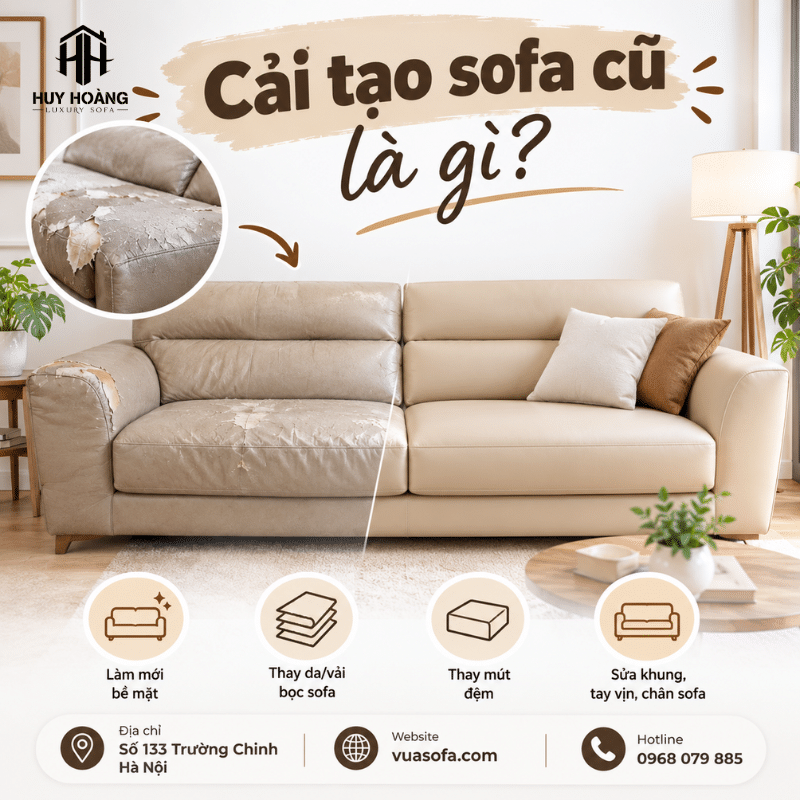 Khi lựa chọn cải tạo sofa cũ tại Hà Nội, khách hàng có thể cân nhắc thay lớp bọc, bọc da, thay mút hoặc sửa chữa các bộ phận bên trong tùy theo tình trạng thực tế.